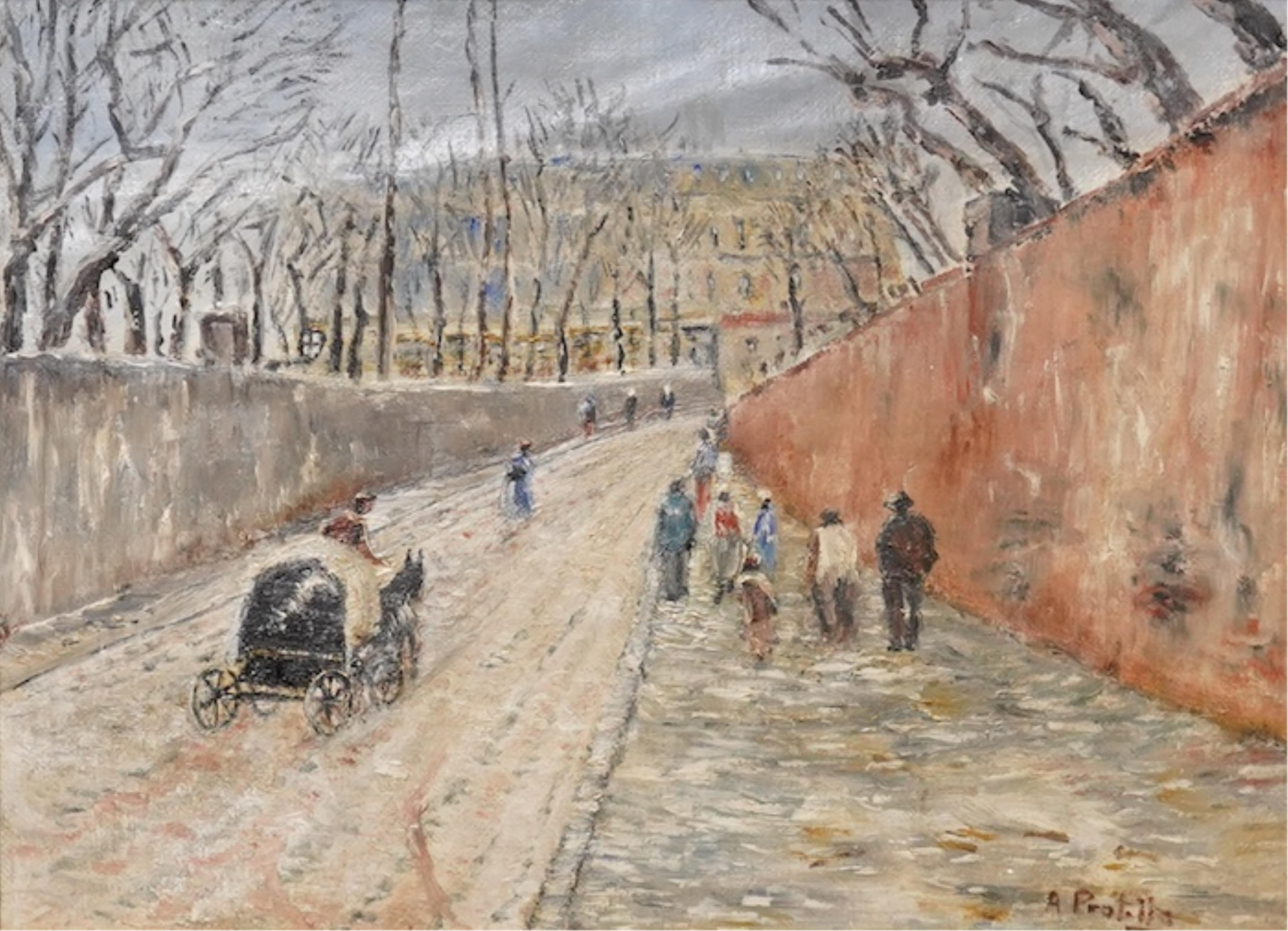 After Attilio Pratella (Italian, 1856-1949), oil on canvas laid on board, Street scene, signed, 17 x 23.5cm. Condition - fair